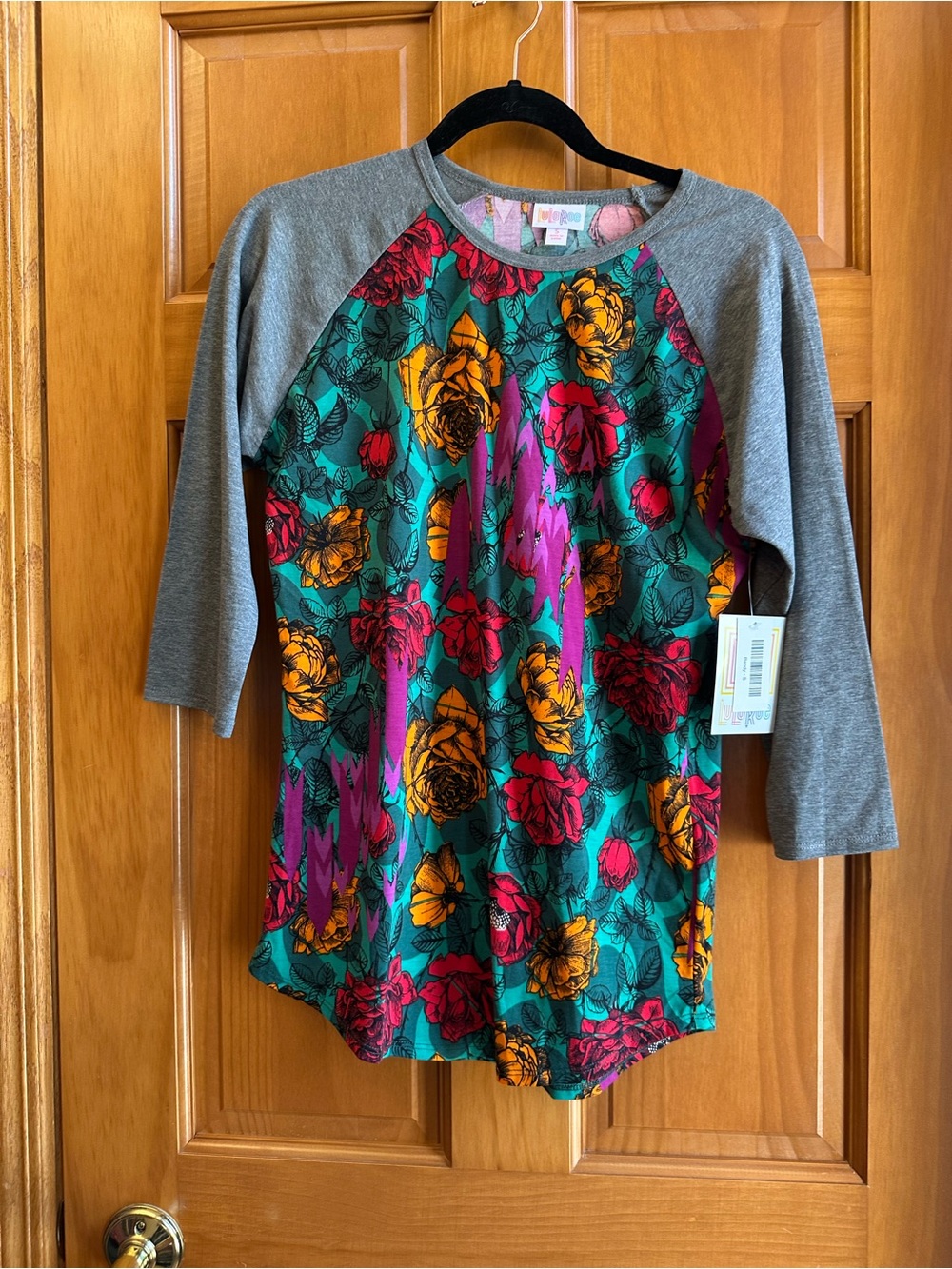 LuLaRoe Randy Floral Raglan Tee in Teal, Pink, Yellow & Gray
